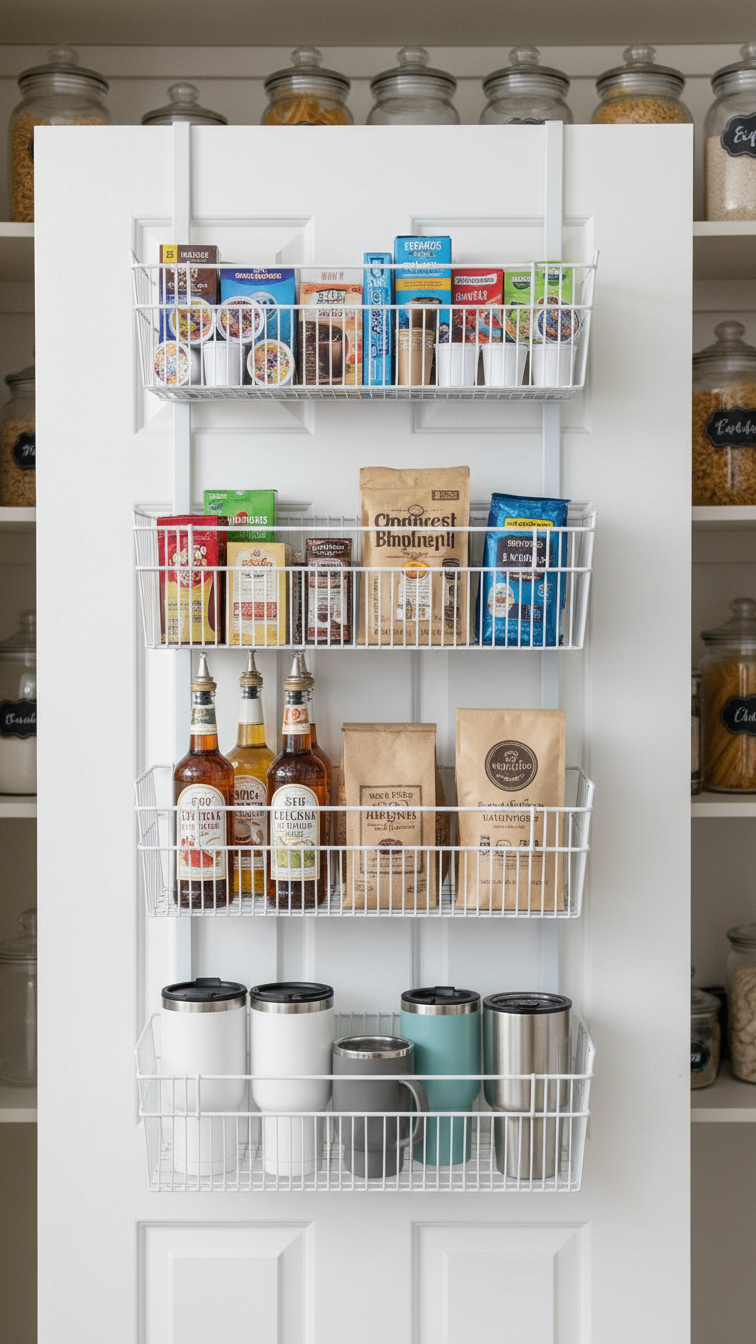 Pantry door coffee organizer rack with metal baskets holding K-cups, coffee pods, and travel mugs