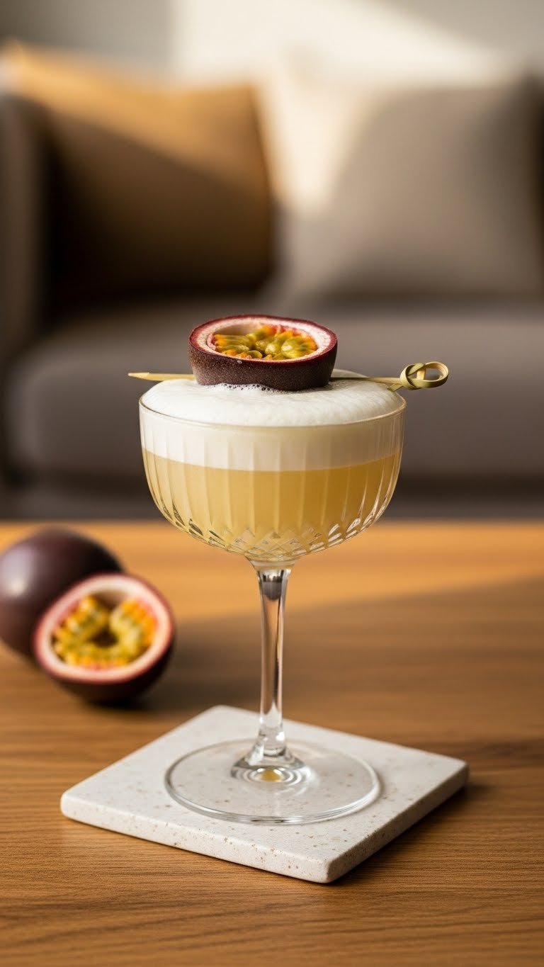 Passion Fruit Cloud 9 cocktail with creamy yellow drink topped with foam and passion fruit garnish