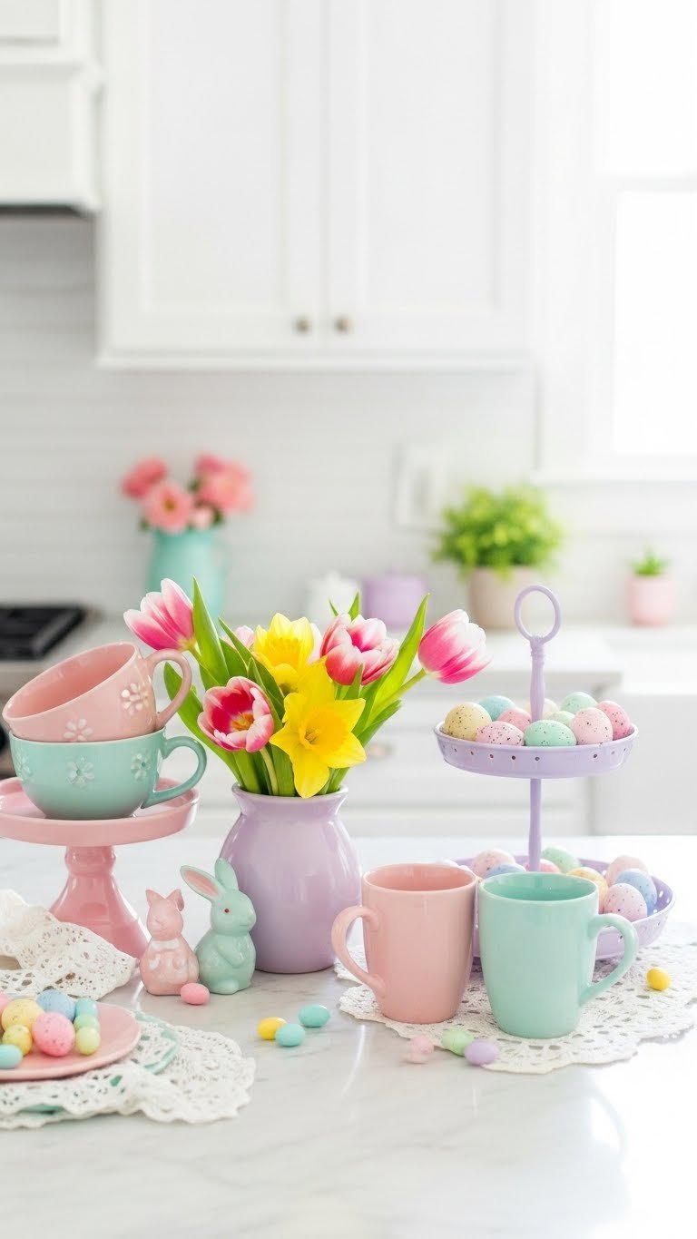 Pastel Easter coffee bar with pink, mint green, and baby blue mugs on marble countertop with lavender tiered tray and spring flowers
