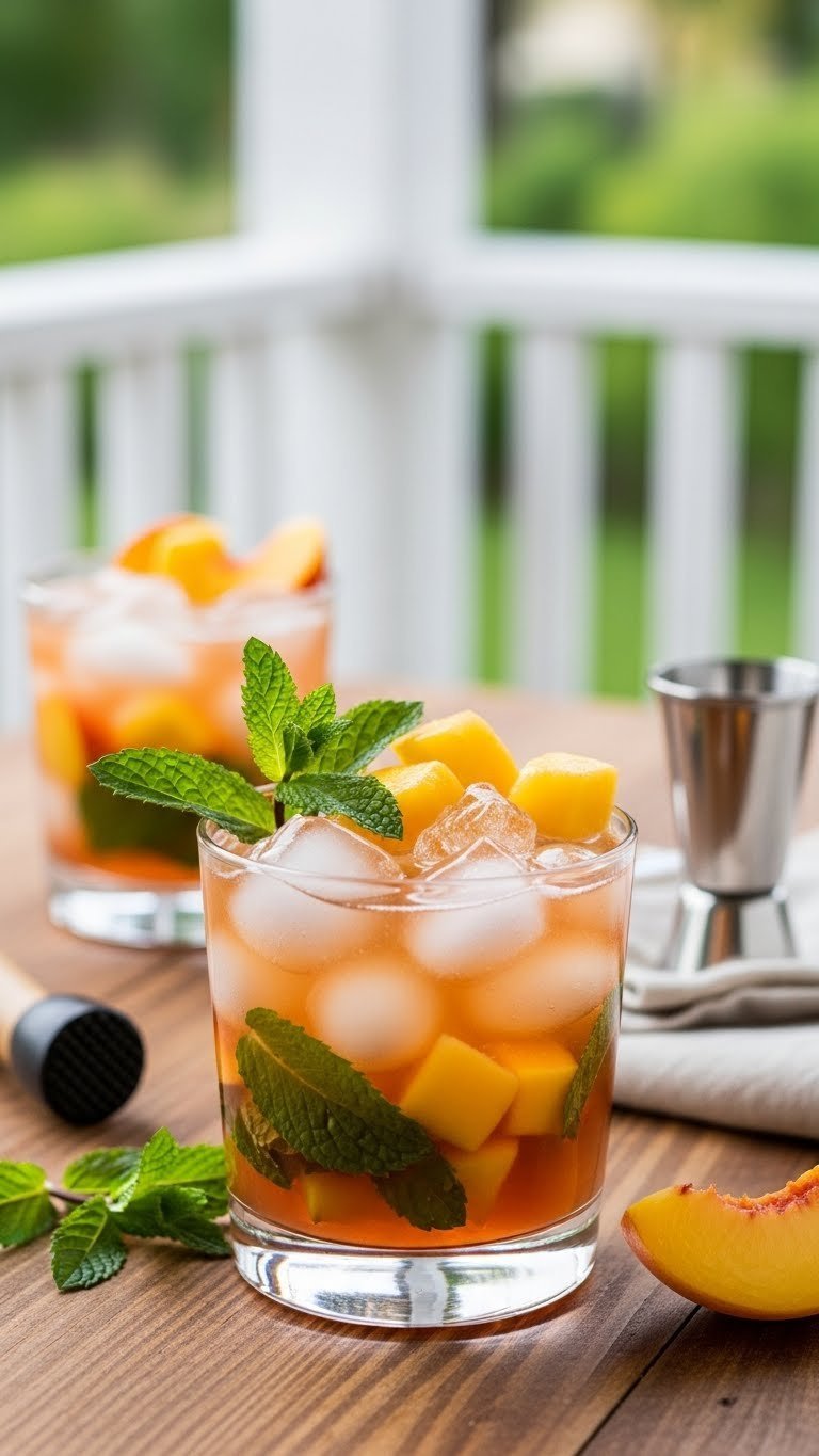 Peach bourbon smash cocktail with crushed ice and mint sprigs in rustic rocks glass on wooden table