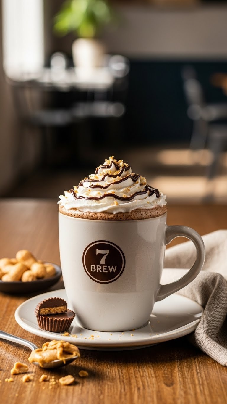 Peanut Butter Cup Mocha with whipped cream and chocolate drizzle on wooden table