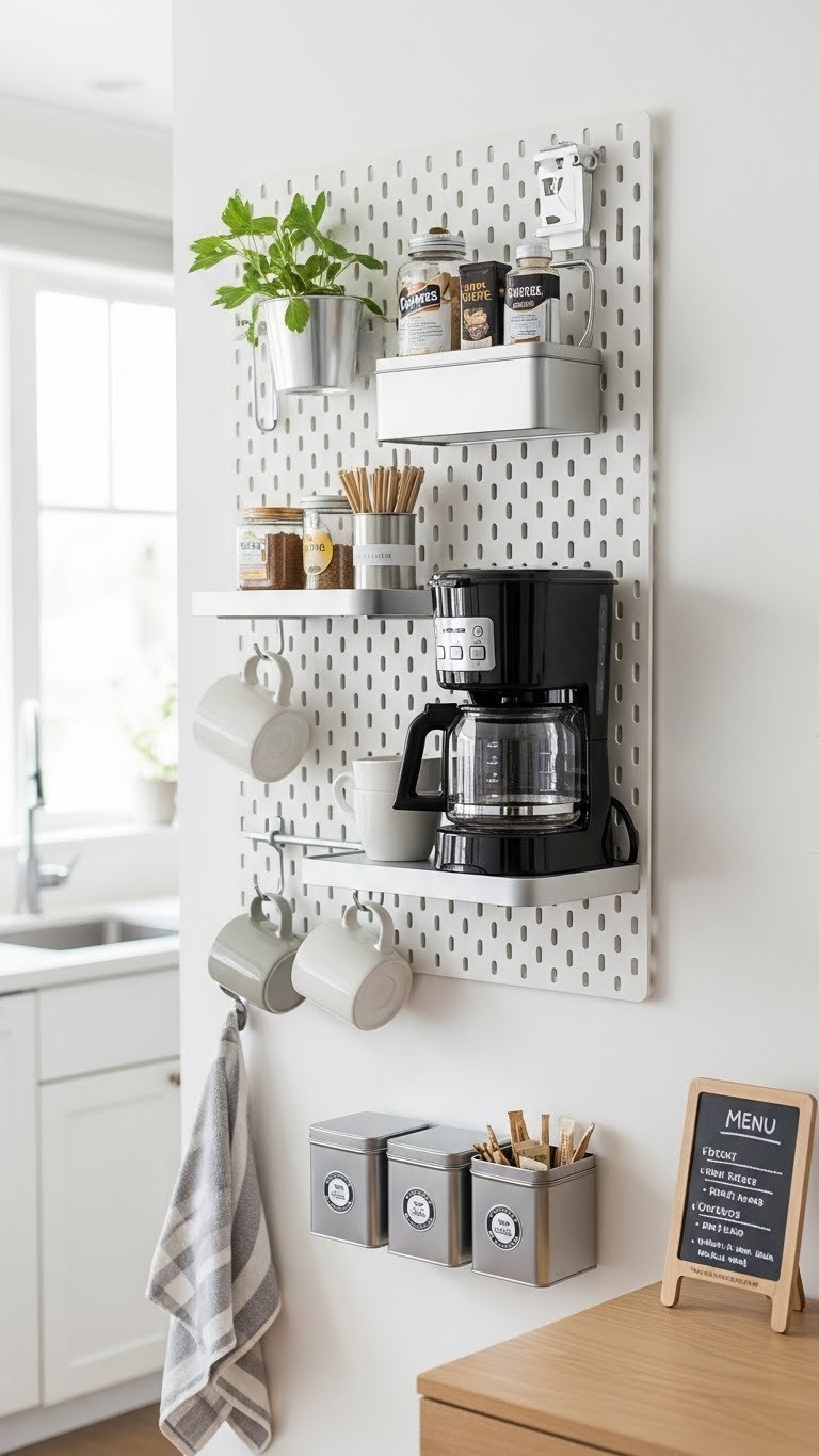 Pegboard coffee wall station with compact coffee maker, hanging mugs, and magnetic containers on white wall