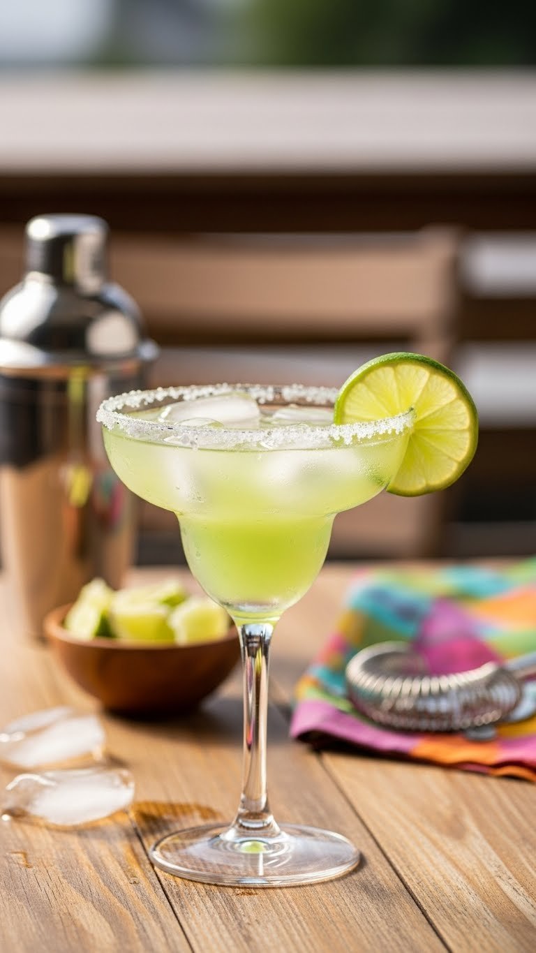 Perfectly Simple Margarita in classic salt-rimmed glass with lime wheel and golden hour lighting