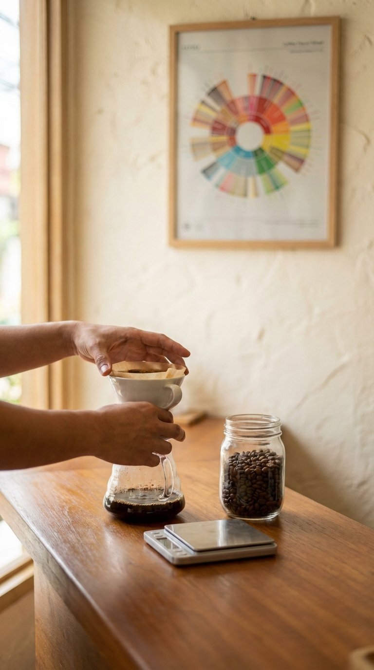 Coffee Flavor Wheel Ultimate Guide for Master Coffee Tasting 13 Person selecting coffee beans from display with subtle coffee flavor wheel in background, brewing equipment nearby.