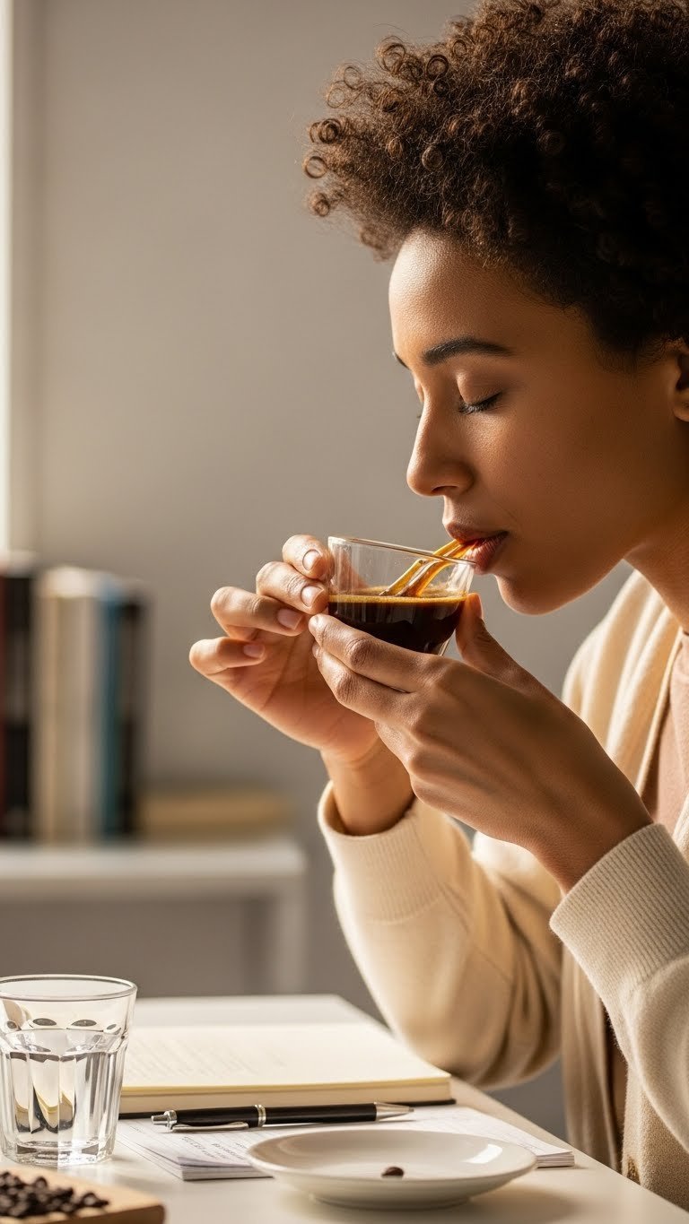 Person with eyes closed concentrating while swirling coffee in glass cup for palate development training