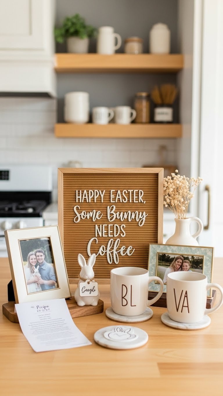 Personalized Easter coffee bar with wooden sign, family photos, and custom mugs arranged on wooden countertop