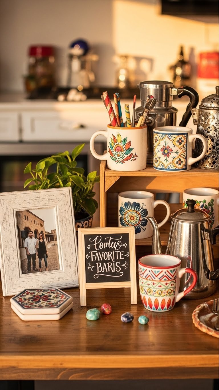 Personalized Mexican themed coffee bar with custom ceramic coasters and framed family photo
