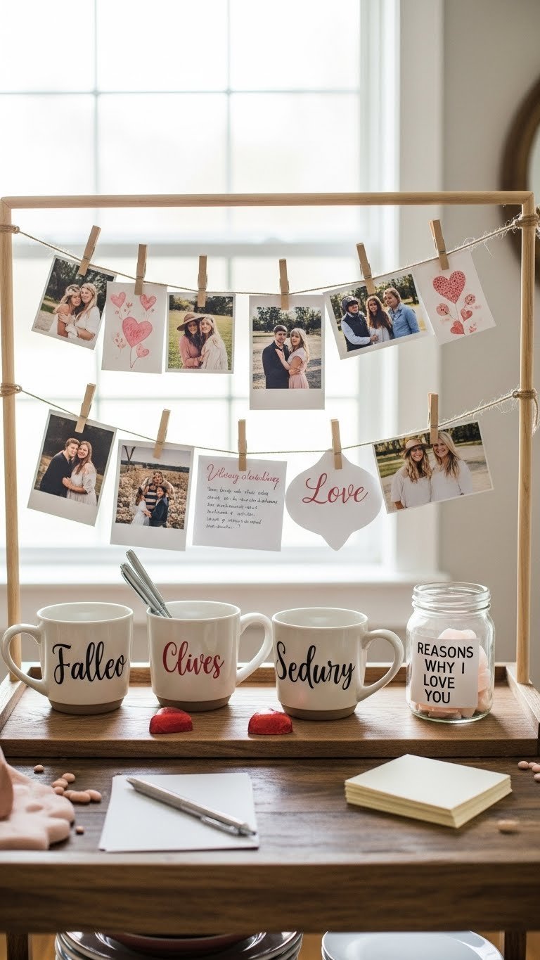 Personalized Valentine's coffee bar with clothesline display of photos and handwritten love notes on rustic wooden cart