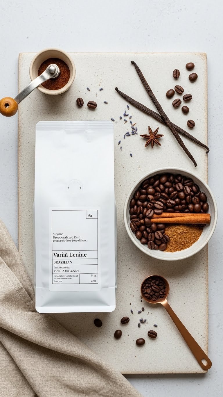 Personalized coffee blend with packaged beans, single-origin varieties, and flavor components arranged in a minimalist flat lay.