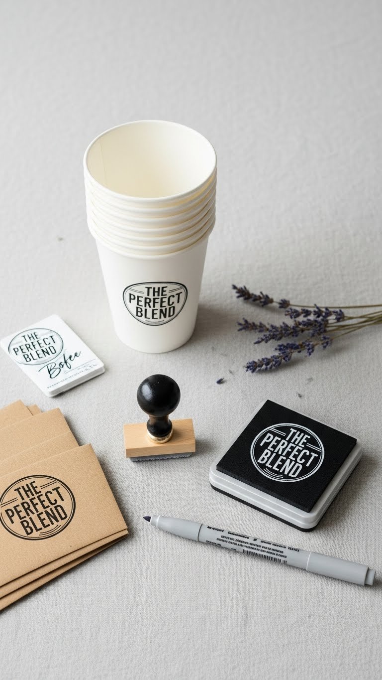 Personalized coffee cup station with white cups and custom 'The Perfect Blend' rubber stamp on linen tablecloth