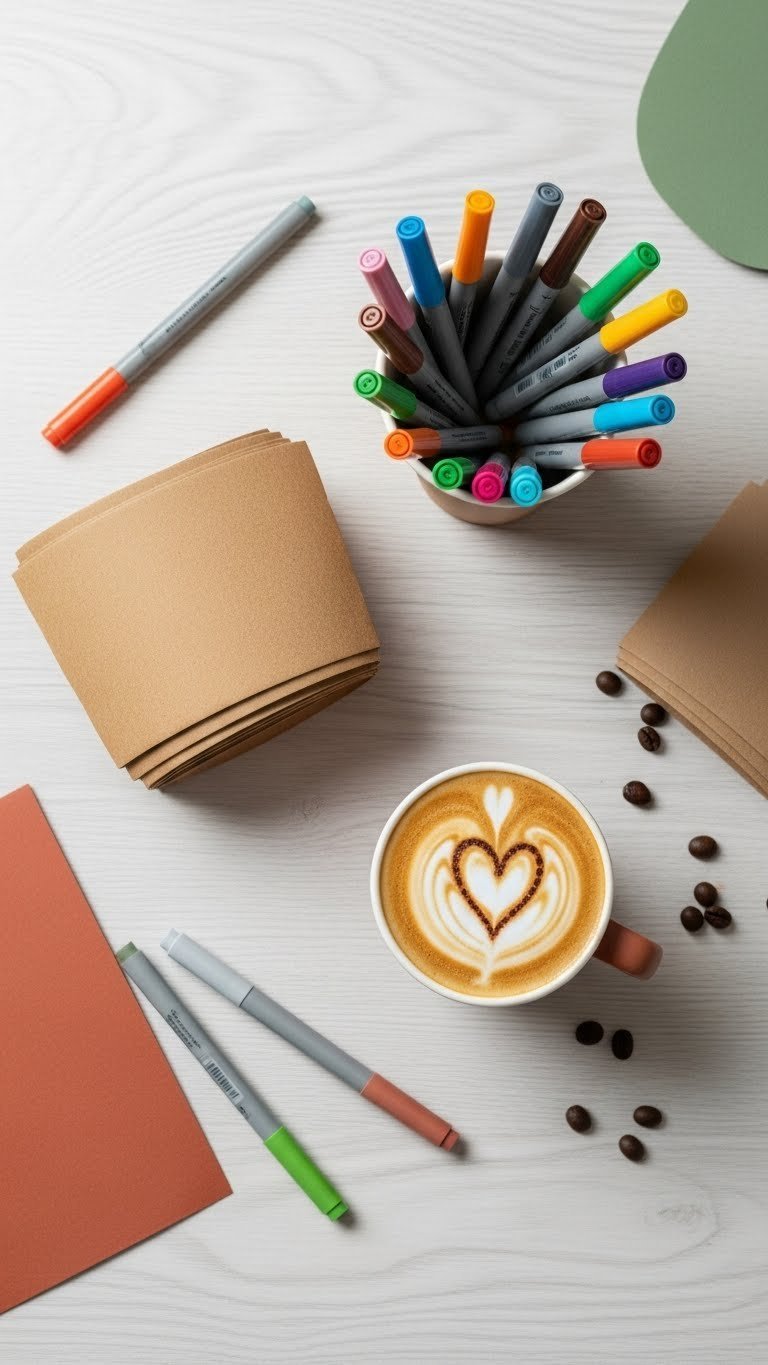 Personalized coffee station with blank kraft paper sleeves and colorful markers for creative cup decorating