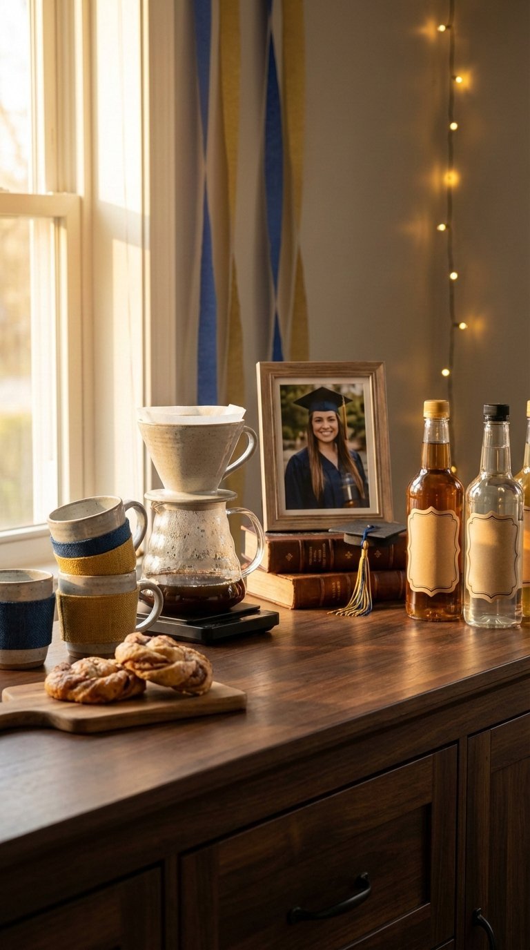 Personalized graduation coffee bar with custom-sleeved cups, framed photo, and themed menu items on dark wood surface