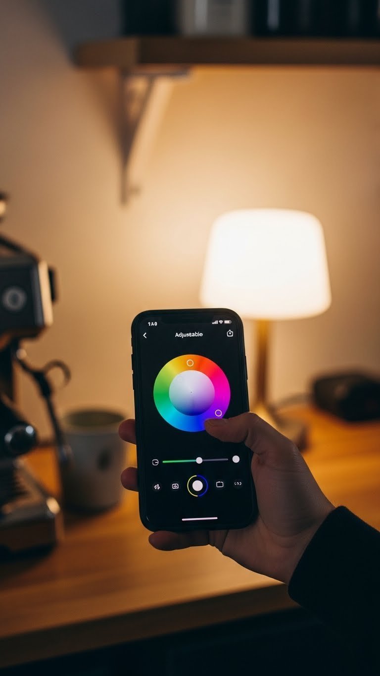Person's hand adjusting smartphone color wheel app controlling coffee bar lamp with vibrant adjustable lighting
