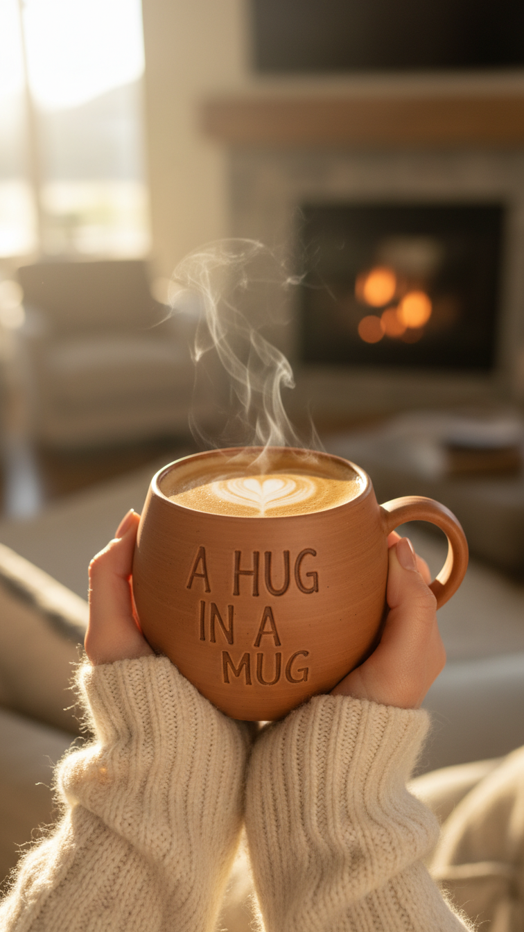 Person's hands holding earthenware mug with 'A Hug in a Mug' debossed text featuring heart-shaped latte art.
