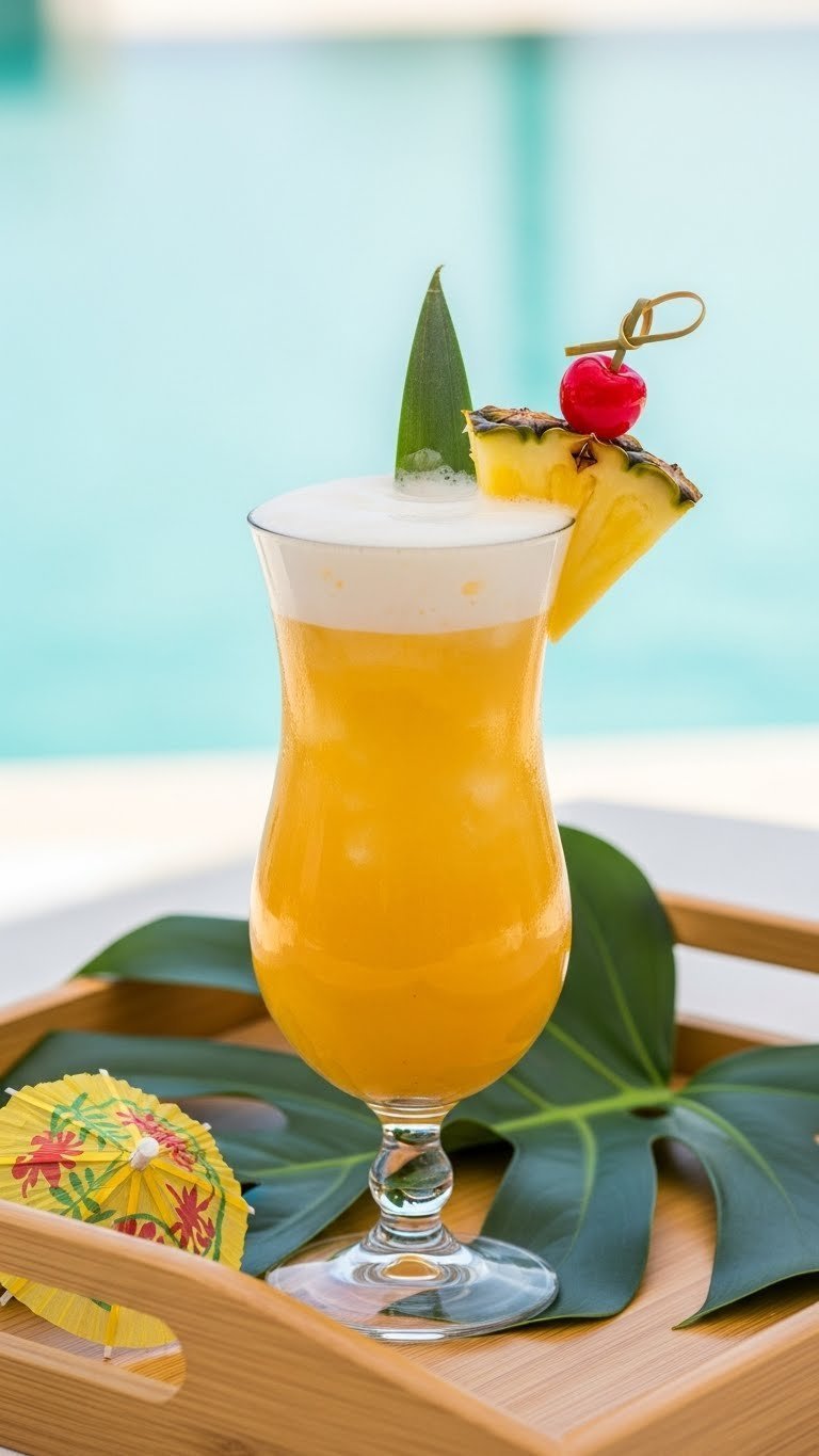 Pineapple & Rum Cloud 9 tropical drink with golden-yellow cocktail and pineapple wedge in hurricane glass