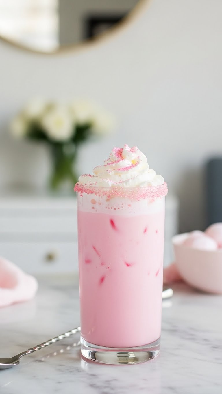 Pink Cloud 9 cocktail with frothy whipped cream top and edible glitter in elegant glass on marble countertop