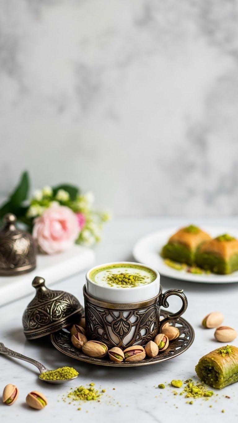 Turkish Coffee Flavors: The Definitive Taste Guide 13 Pistachio-infused Turkish coffee in ornate fincan surrounded by shelled pistachios on marble countertop