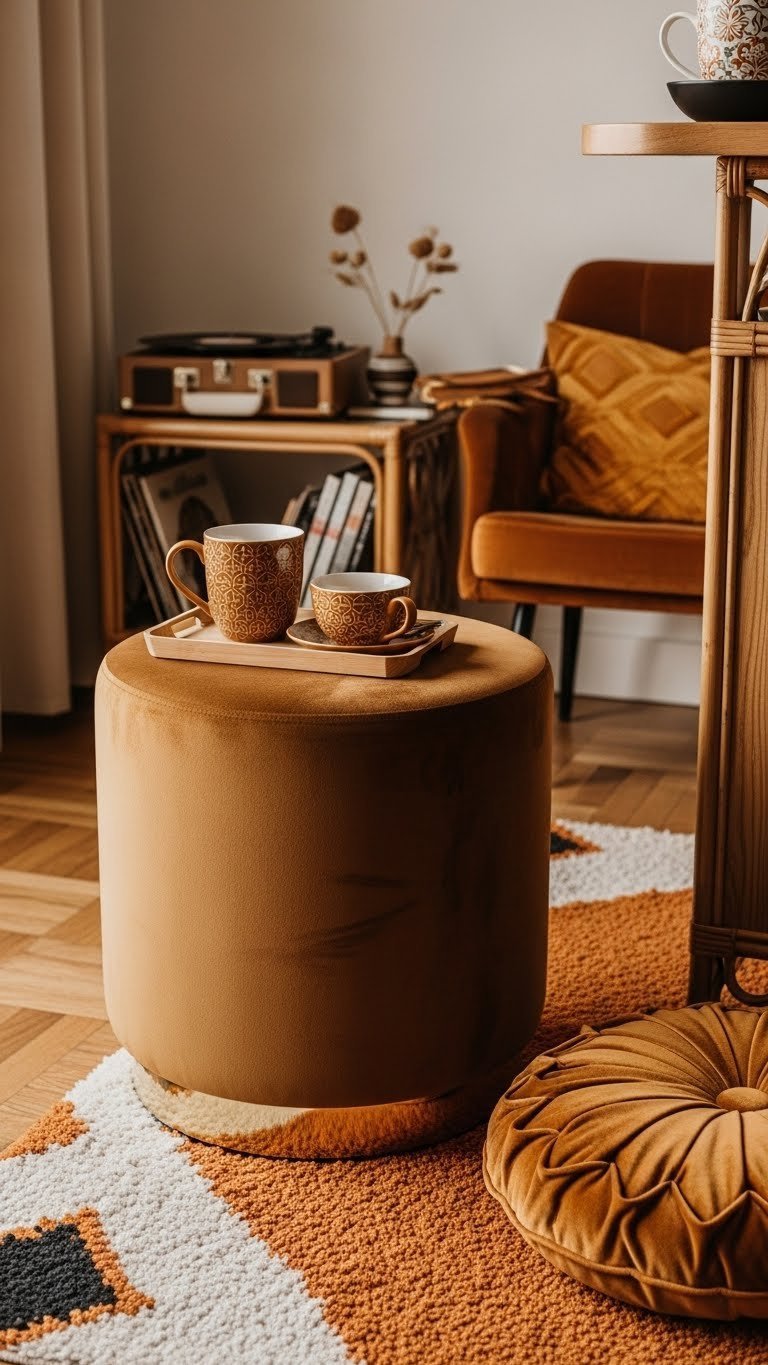 Plush 70s coffee lounge with velvet stool and shag carpet creating luxurious tactile atmosphere.