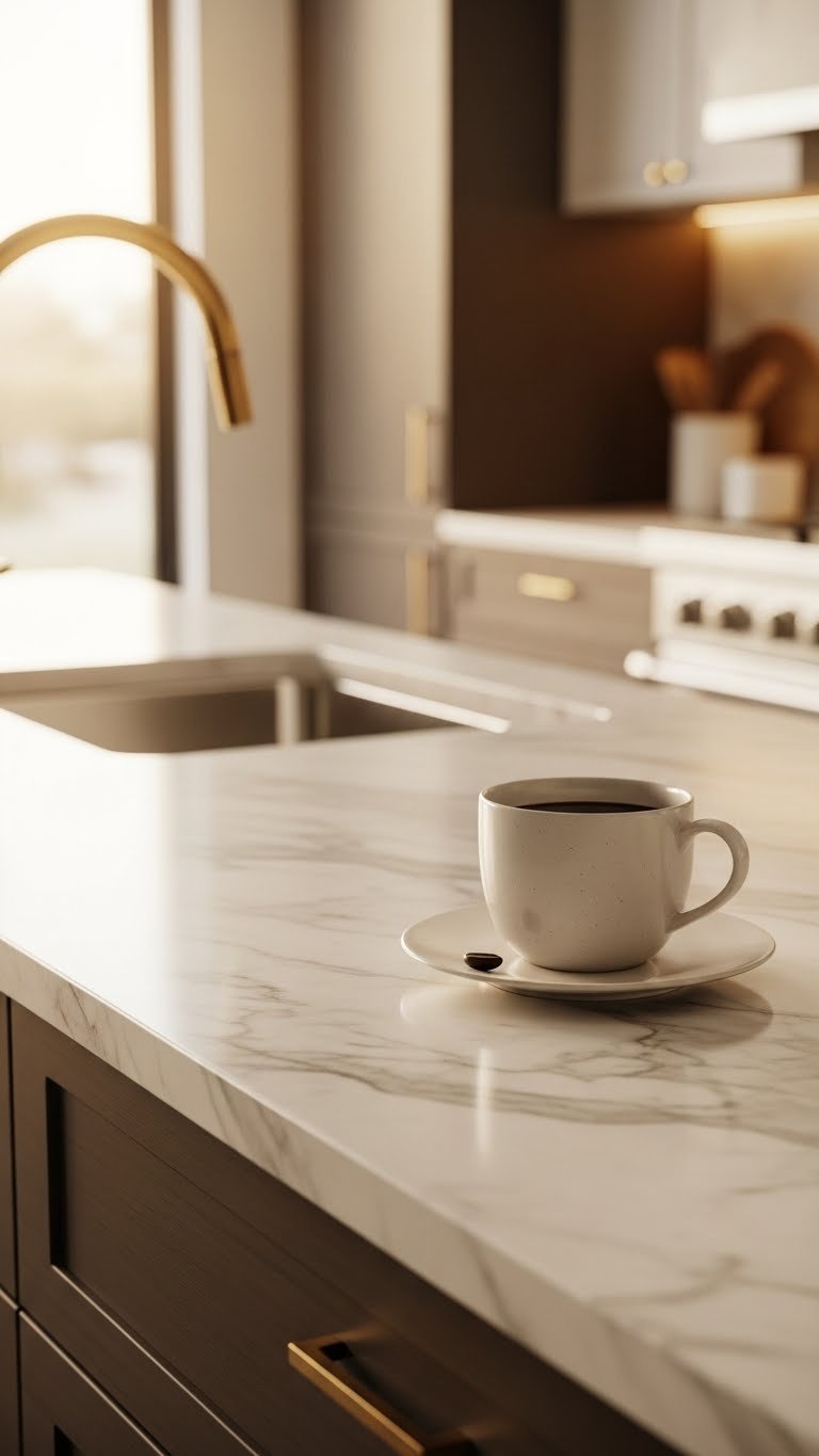 Polished marble countertop with subtle veining and elegant coffee mug in soft golden hour lighting