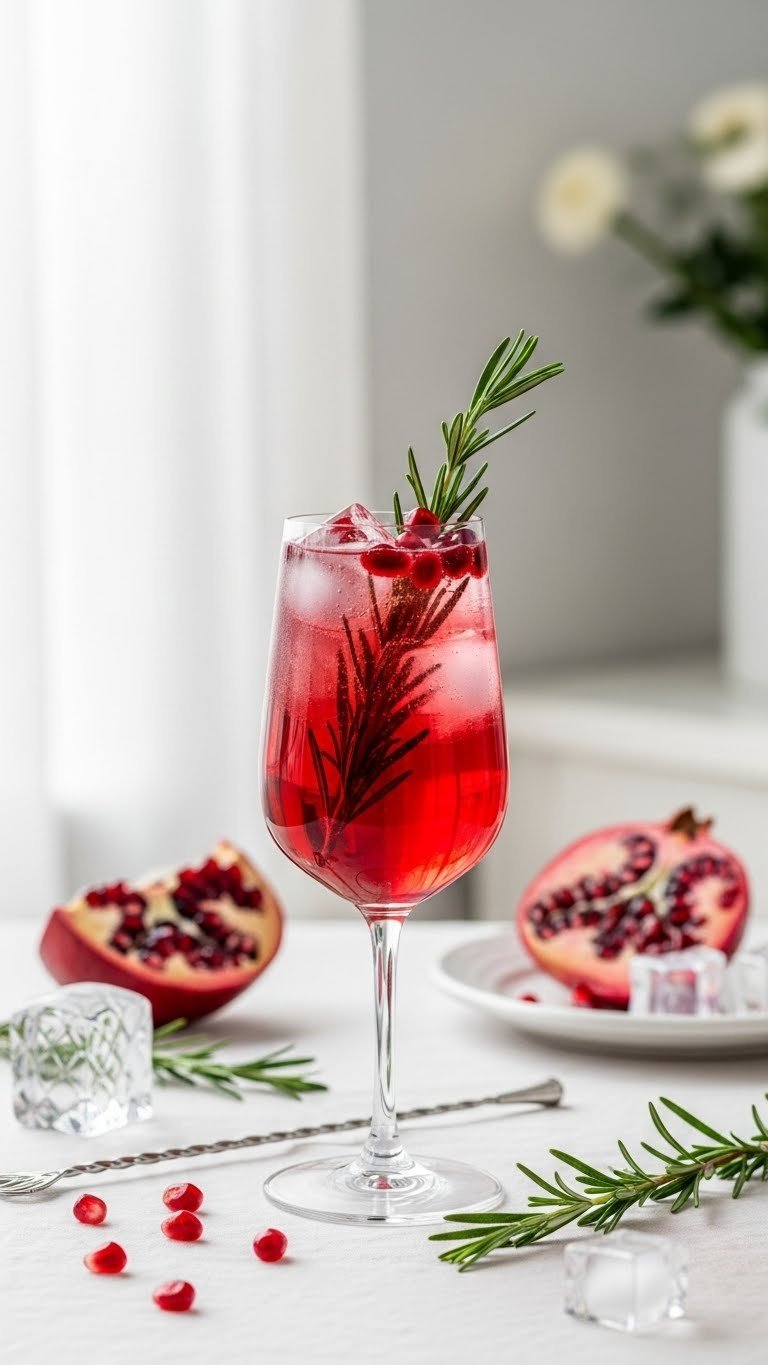 Pomegranate rosemary spritzer in tall flute glass with fresh pomegranate arils and rosemary sprig against minimalist white background