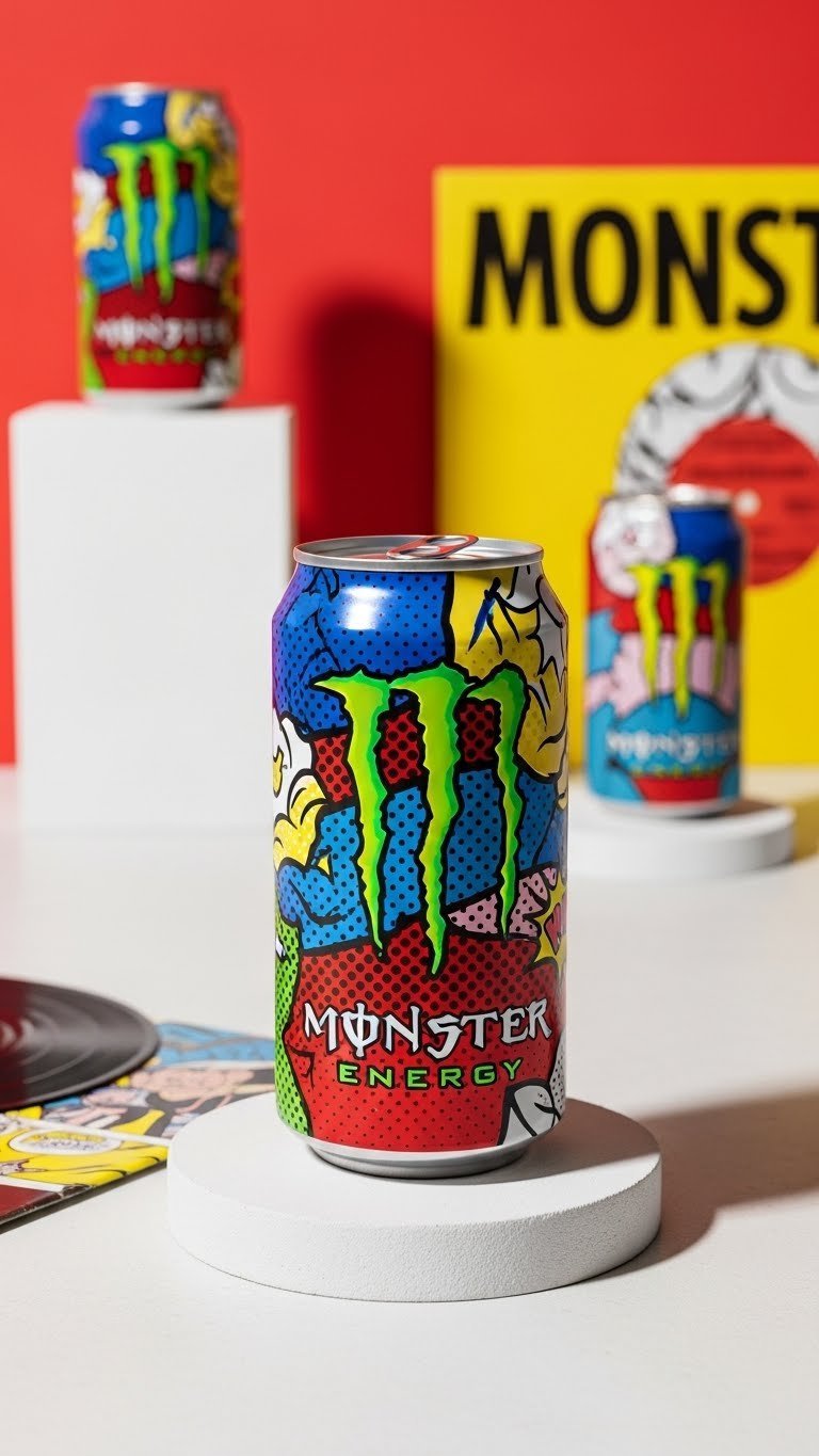 Pop art style Monster Energy can with bold comic book outlines and halftone dots on minimalist white pedestal surface.