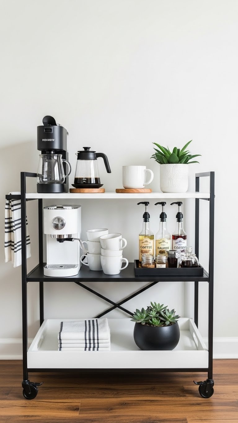 Portable black and white rolling cart coffee station with minimalist coffee maker and white ceramic mugs on wood floor