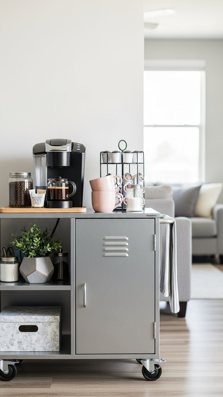Portable coffee station with industrial-style metal cabinet on wheels featuring single-serve coffee maker, mugs, and pod organizer.