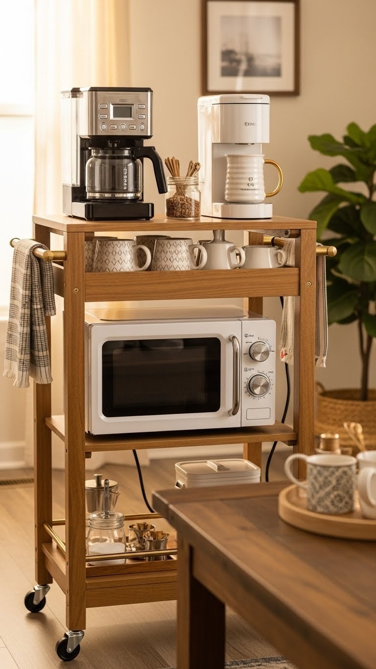Portable rolling bar cart coffee station with mini microwave on bottom shelf and coffee maker on top