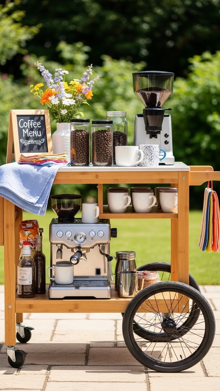 Portable wooden coffee cart with espresso machine, artisan beans, and flower arrangement on sunny flagstone patio