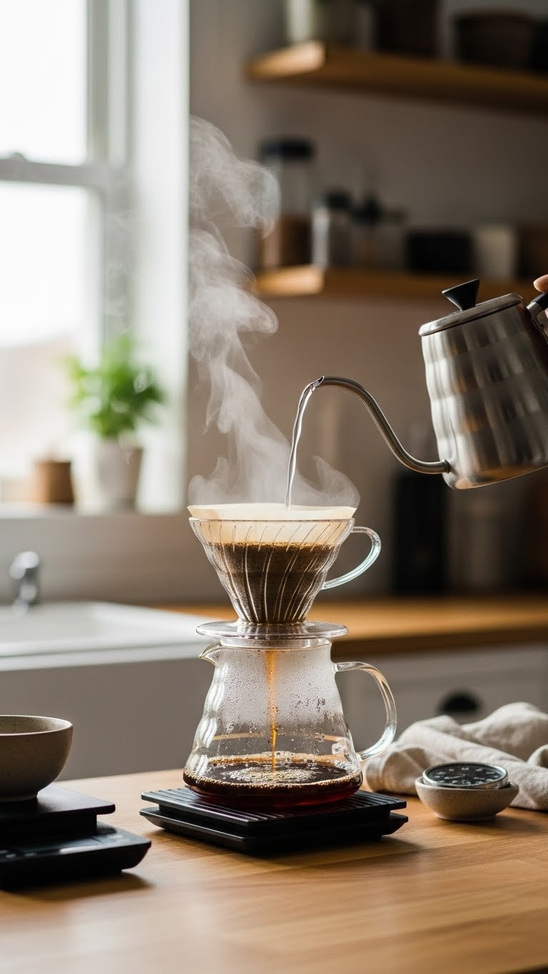 Pour-over coffee brewing method with V60 dripper and golden coffee stream into carafe