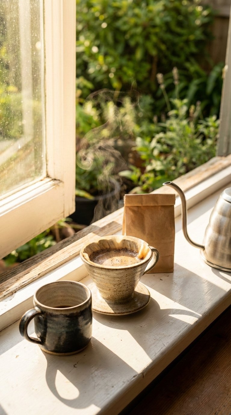 Pour-over coffee setup on deep window sill with gooseneck kettle, ceramic mug, and coffee beans in bright morning sunlight.