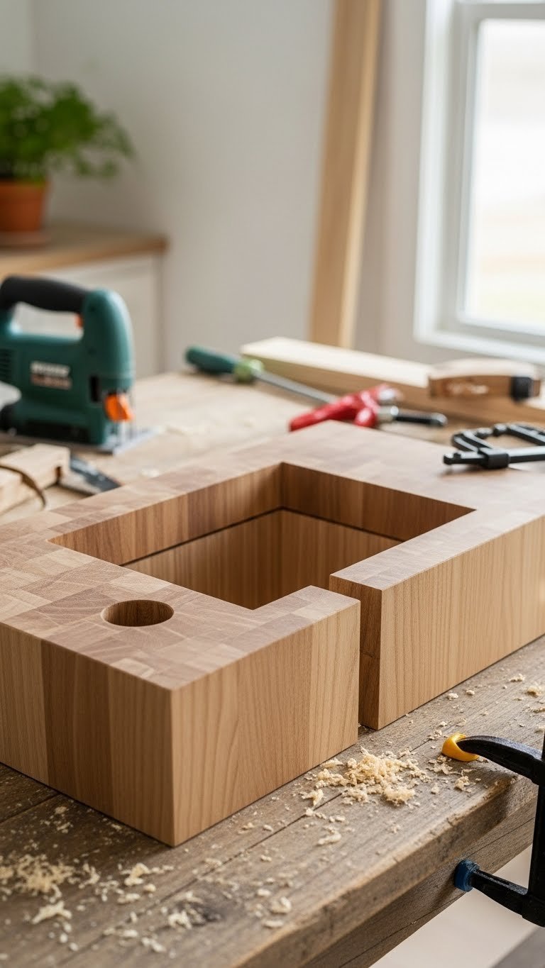 Precise rectangular cutout in wood countertop for coffee bar sink installation with sawdust and tools nearby