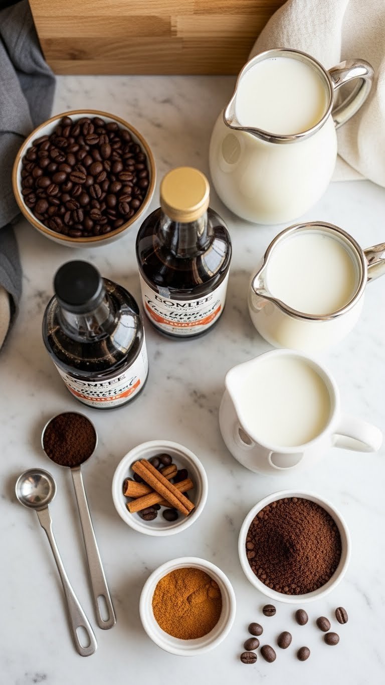 Premium coffee beans, artisan syrups and fresh ingredients arranged on marble countertop for mobile coffee bar