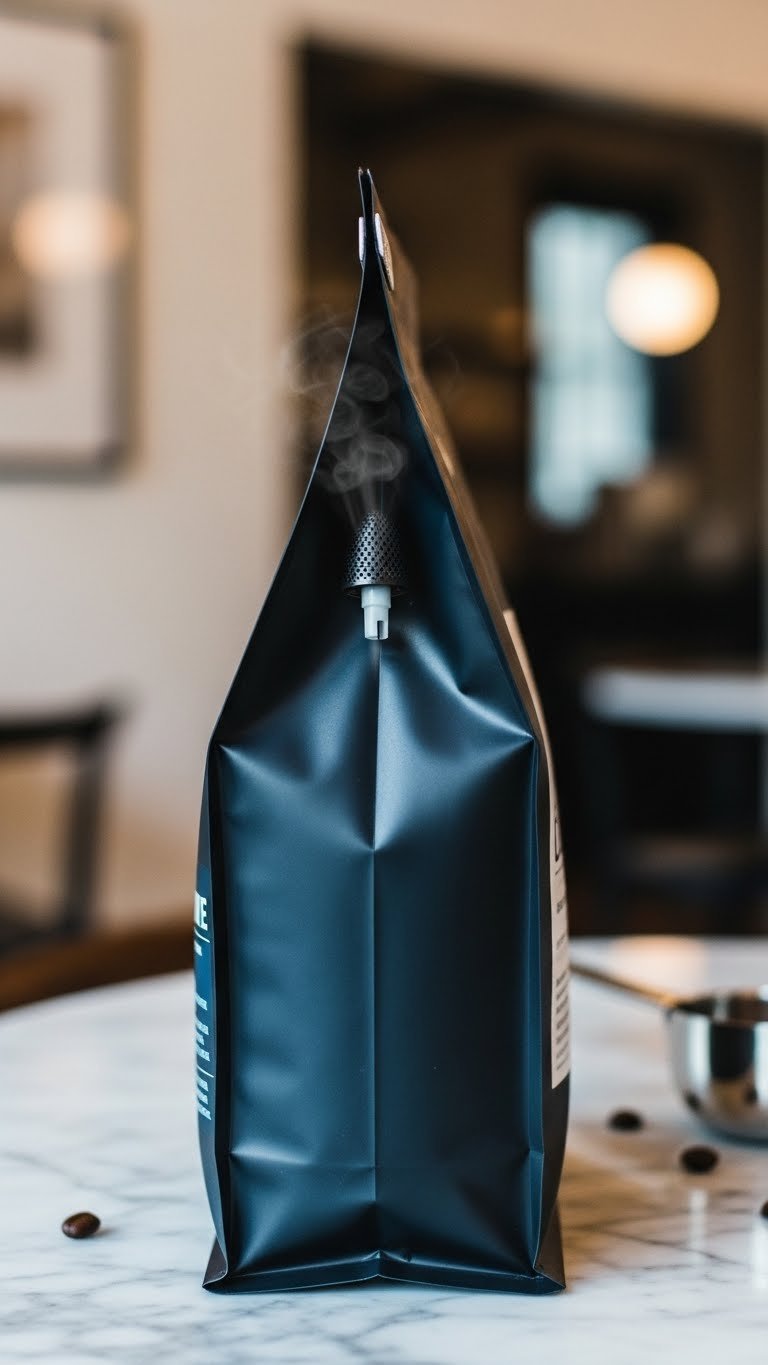 Premium dark coffee bag with silver one-way degassing valve releasing gas puff on marble countertop in minimalist cafe setting