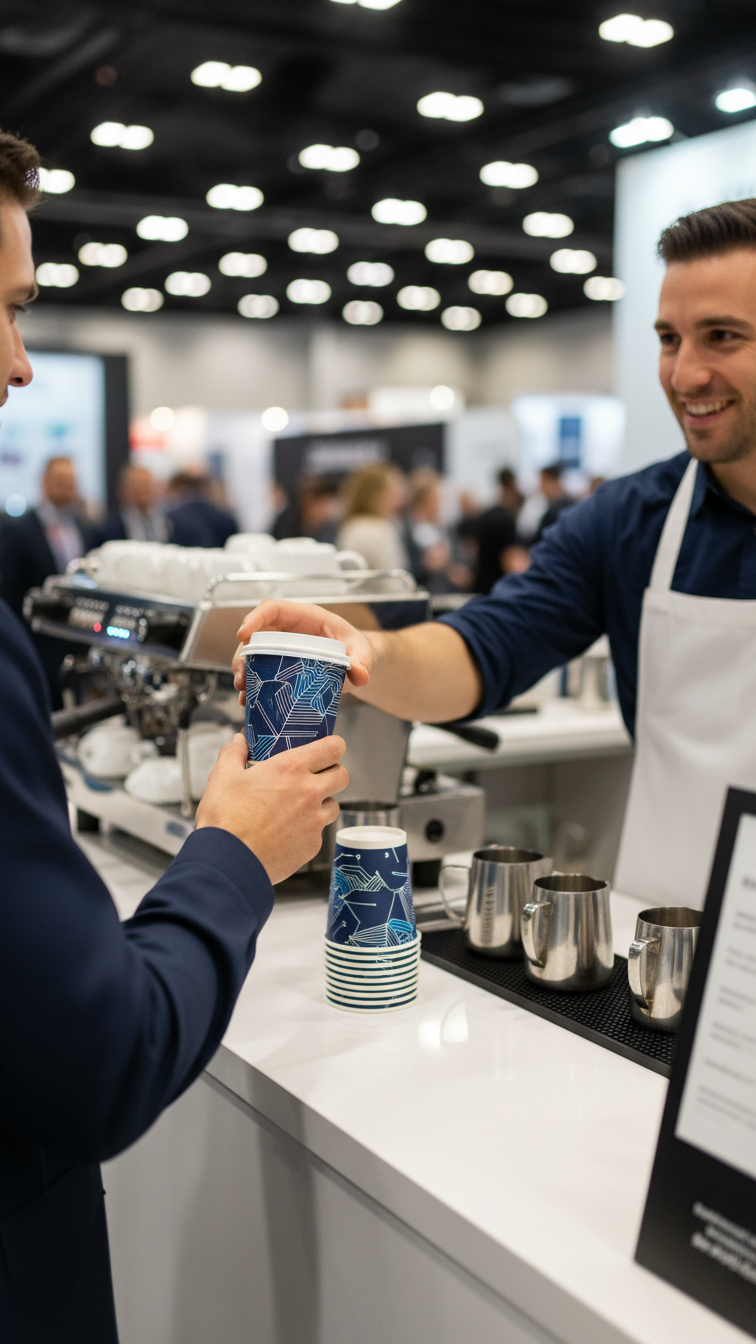 Professional barista handing branded coffee cup to attendee at modern corporate trade show booth