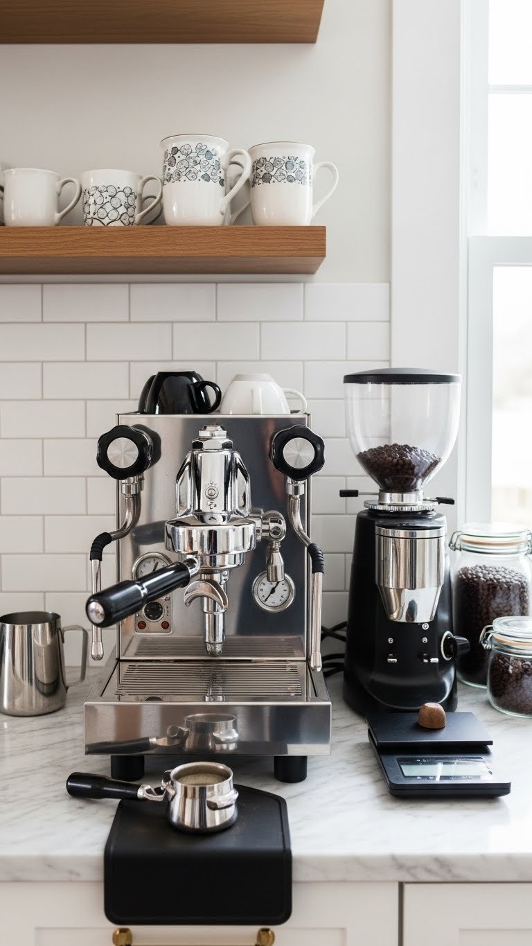 Professional barista nook with espresso machine, precision grinder, and specialized tools on polished marble countertop