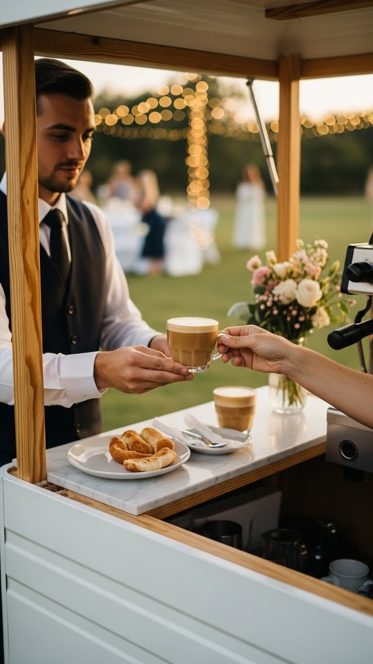 Professional barista serving latte art to guest at elegant mobile espresso cart during modern wedding reception