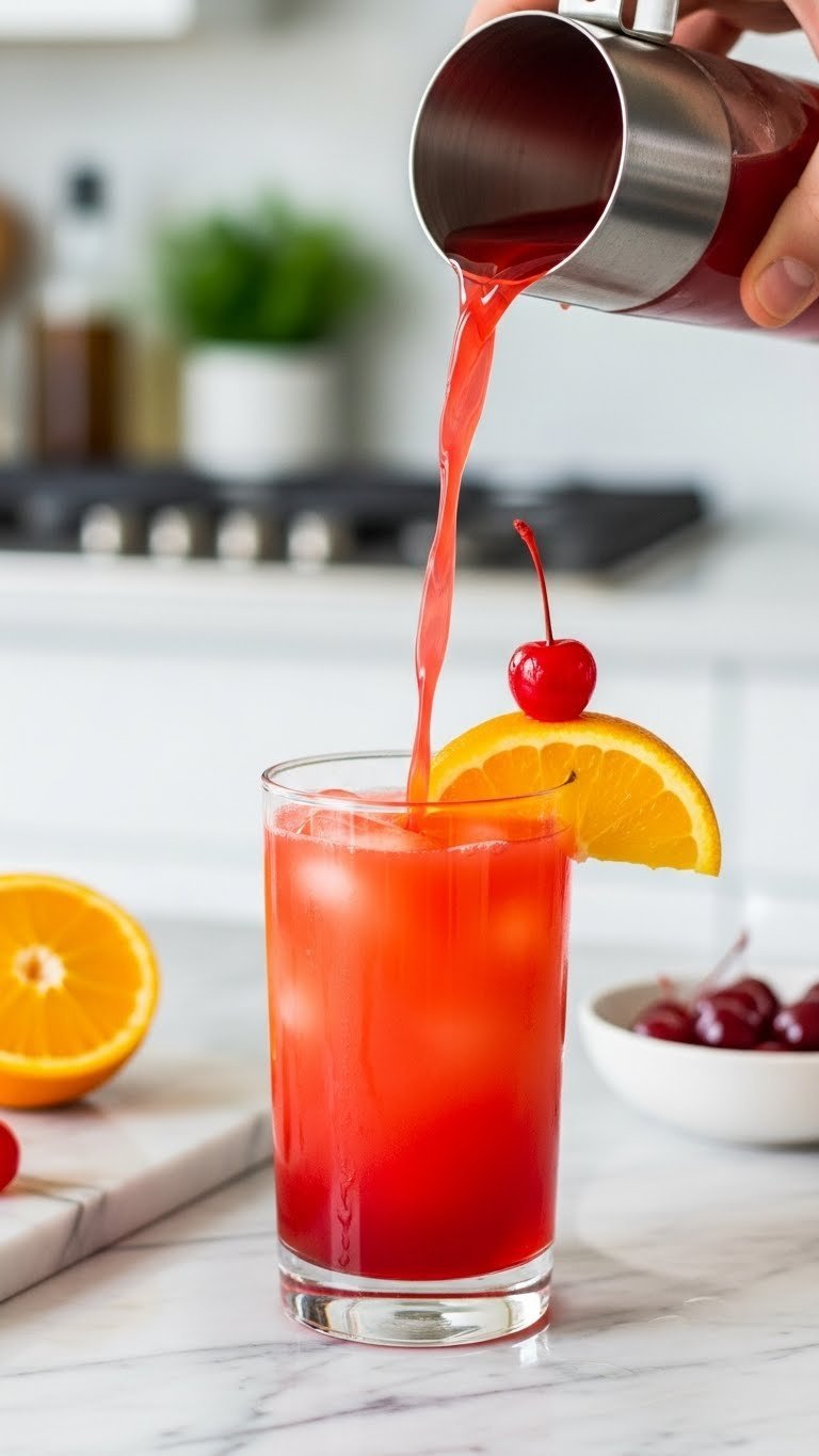 Professional close-up of a Tequila Sunrise cocktail being poured with red-to-orange gradient and maraschino cherry garnish on marble countertop