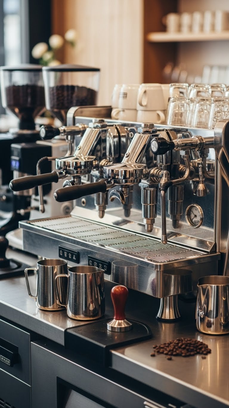 Professional commercial espresso machine with steam wands and portafilters as cafe coffee bar centerpiece.