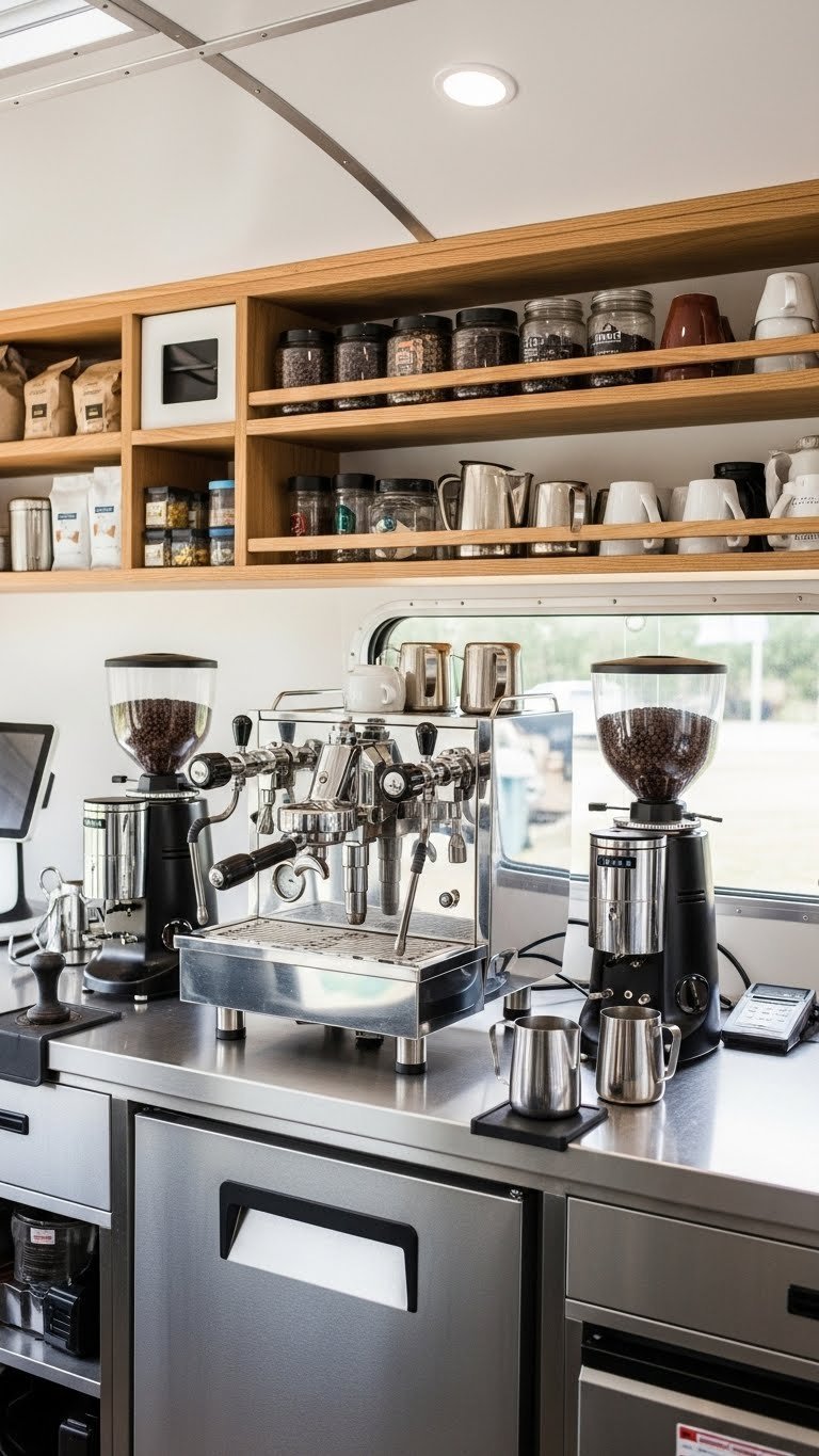 Professional espresso machine on stainless steel counter inside organized coffee trailer with barista tools