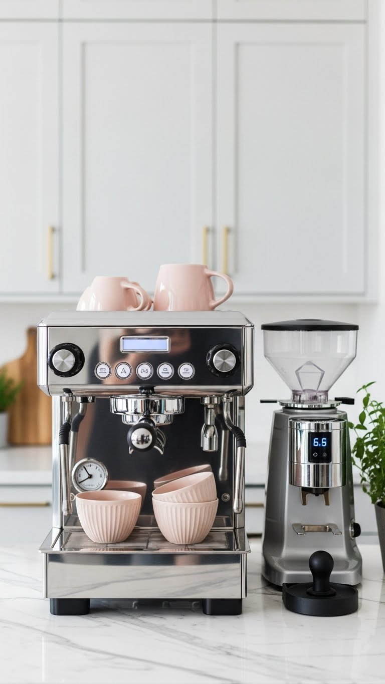 Professional-grade espresso machine with chrome accents on polished marble countertop in elegant kitchen
