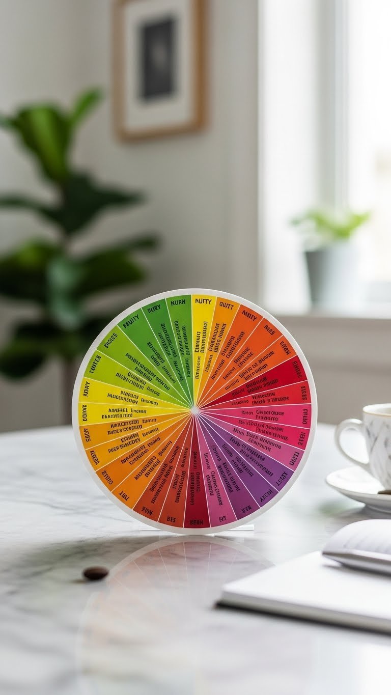 Professional top-down photograph of vibrant coffee flavor wheel segments on light grey marble countertop with coffee cup and bean accents