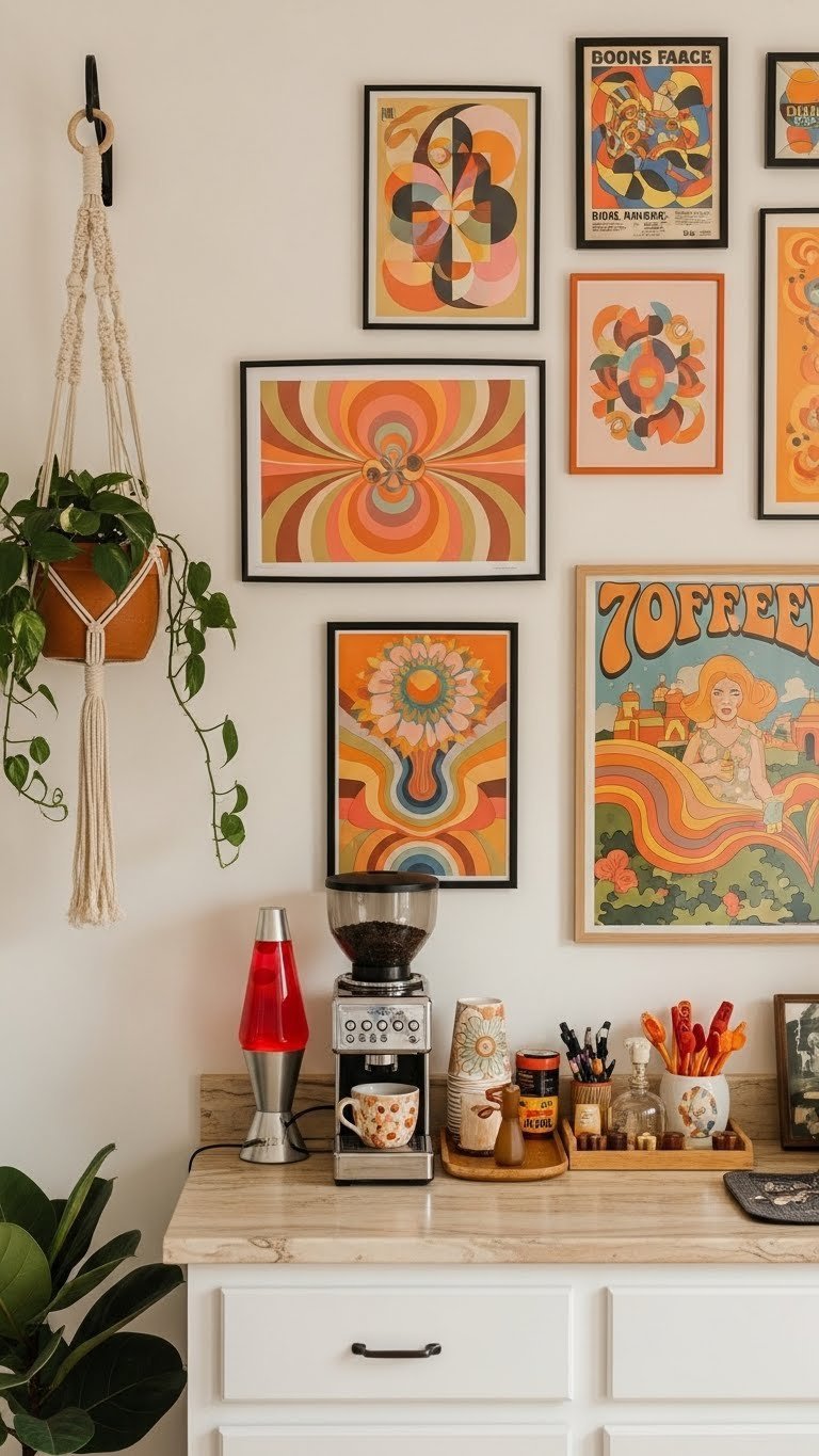 Psychedelic 70s wall art gallery above retro coffee station with geometric patterns and vibrant orange colors.