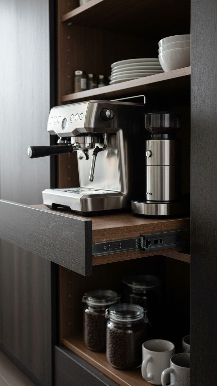 Pull-out pantry shelf with espresso machine and grinder showing heavy-duty sliding mechanism and organized interior