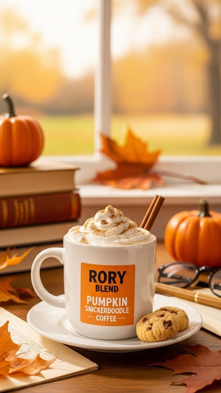 Pumpkin snickerdoodle coffee with whipped cream and cinnamon next to cookie on autumn-themed desk setting.