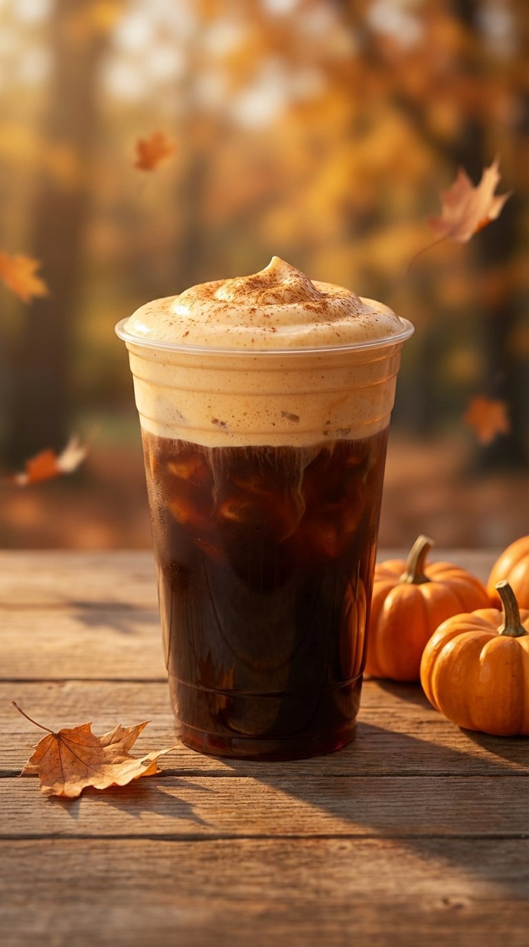 Pumpkin swirl cold foam cold brew with cinnamon dusting on rustic autumn-themed table