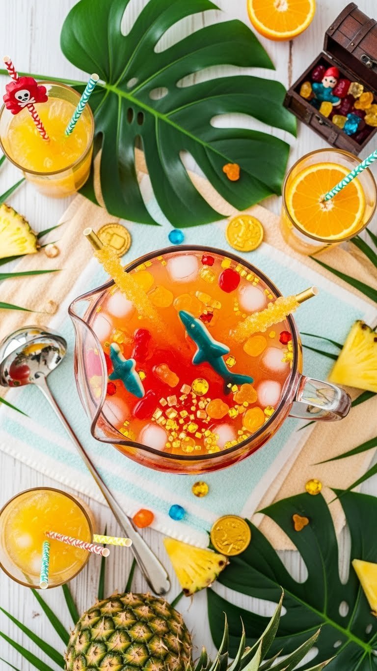 Punch bowl with tropical layered punch, edible gold glitter, and gummy treasure coins scattered throughout
