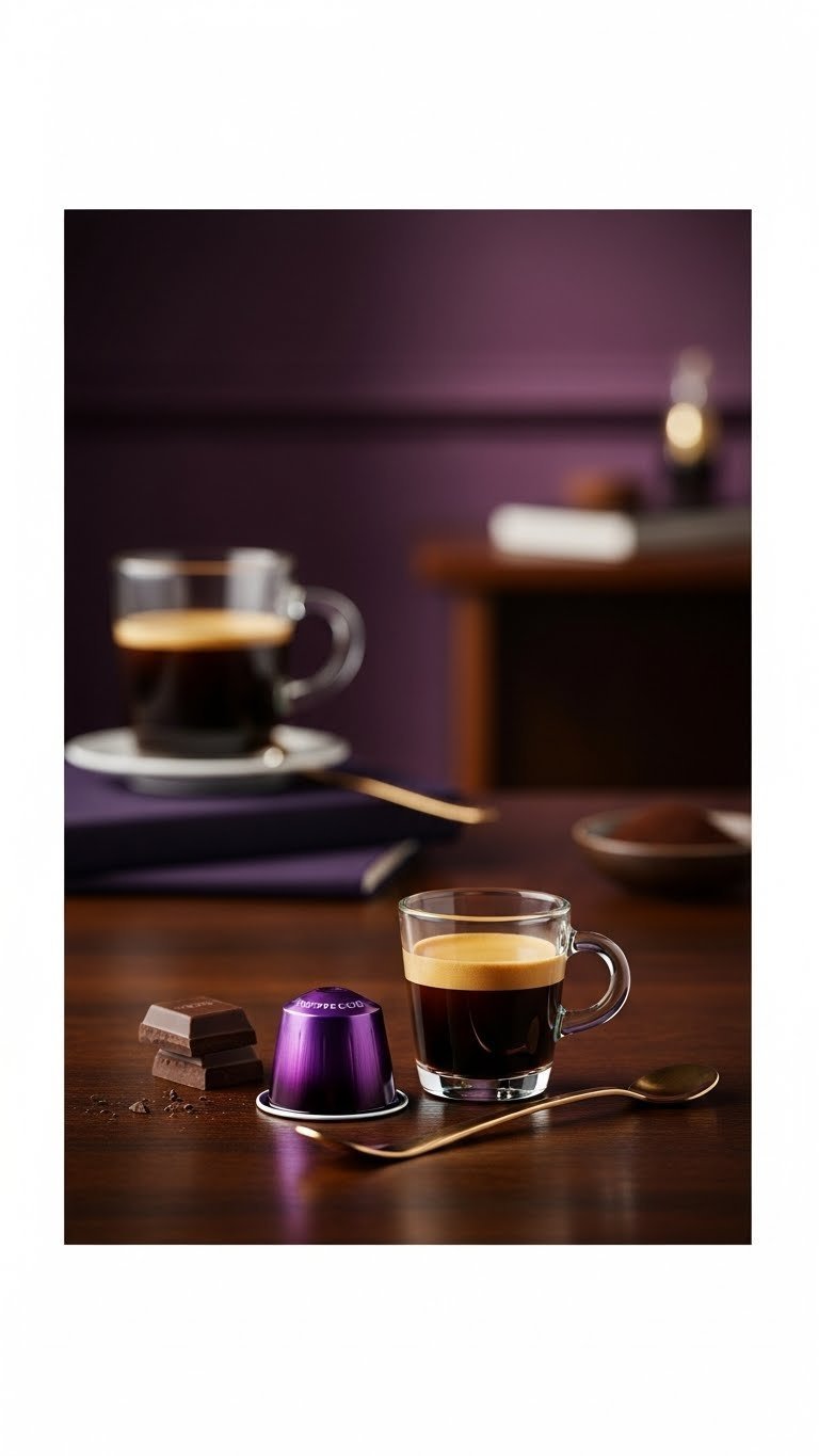 Purple Nespresso Original Line Arpeggio capsule next to dark espresso shot on polished wood surface