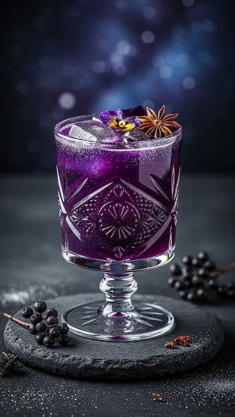 Purple galaxy unicorn elixir in an ornate goblet with silver glitter swirls and mystical garnish.