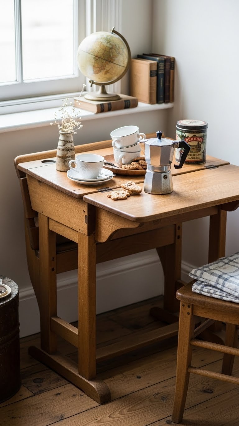 Quaint vintage coffee nook using old wooden school desk with Moka pot and mismatched cups